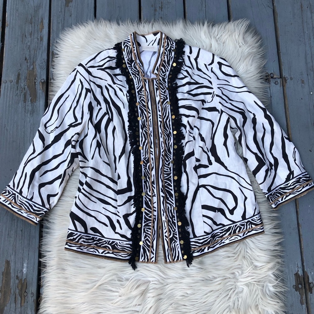 Chico's Zebra Prints Linen Boho Fringe Sequins Black Cream White Jacket size 2